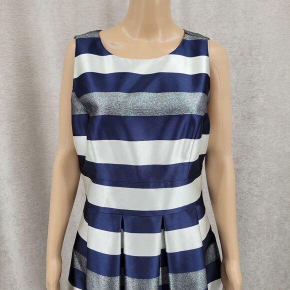 Eliza J Striped Crepe Fit & Flare Party Dress  Navy White Metallic Silver Pocket - Picture 4 of 13